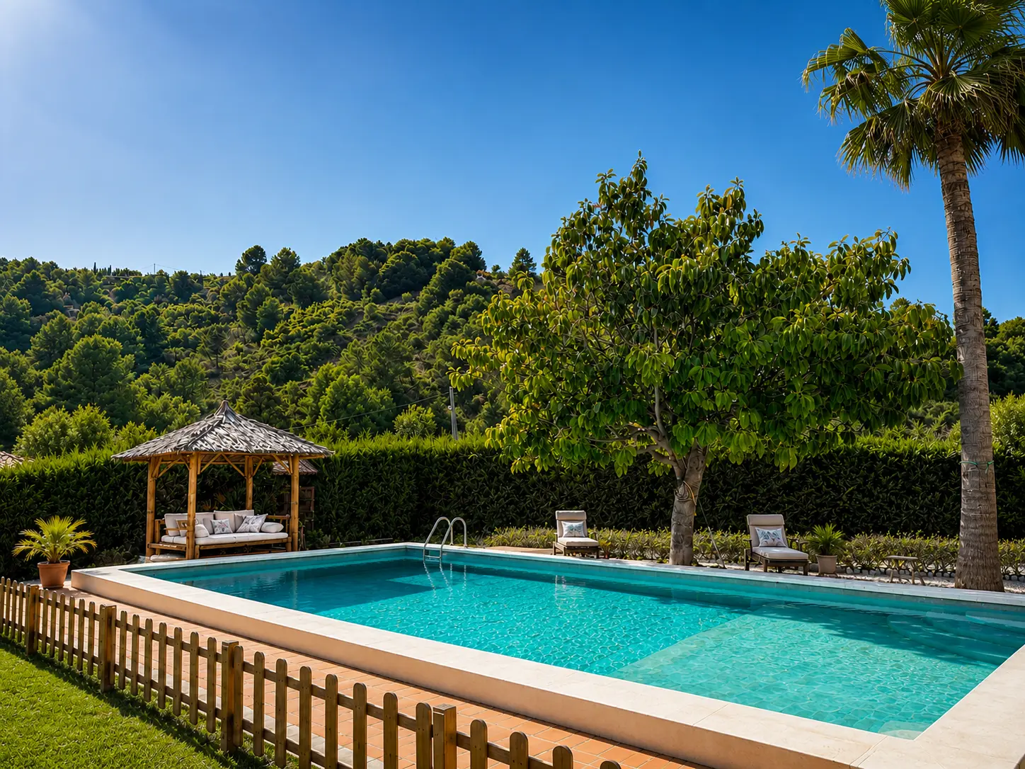 Private pool with shaded gazebo daybed at Sanctuary Villa Valeo