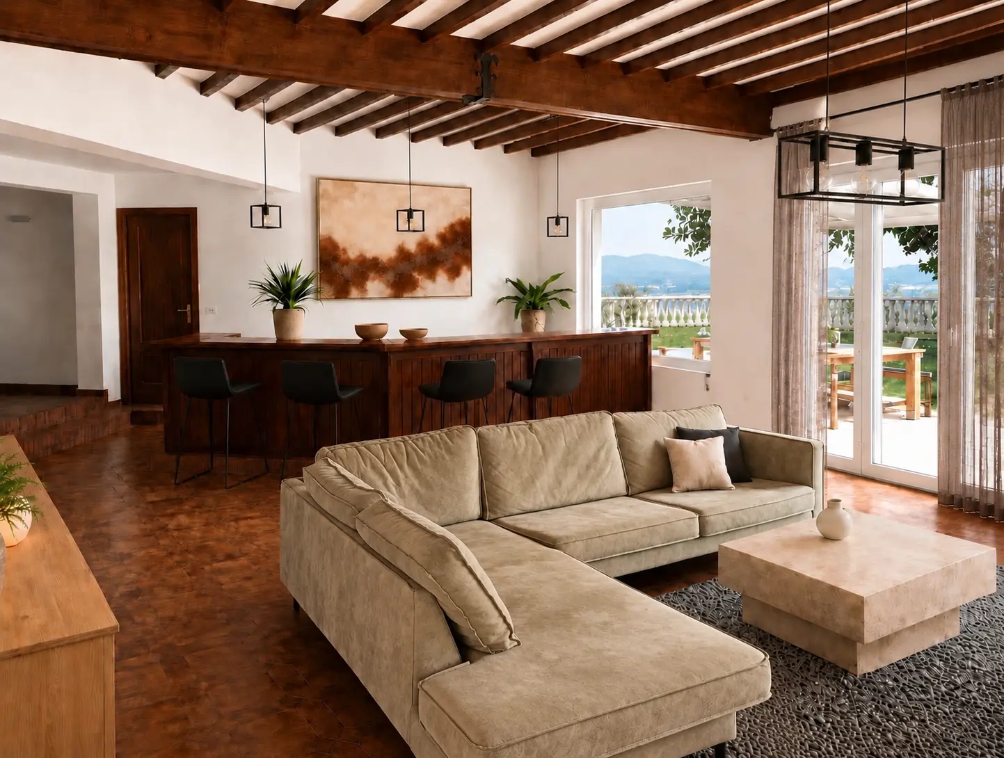 Living room with sectional sofa and wooden bar at Villa Valeo