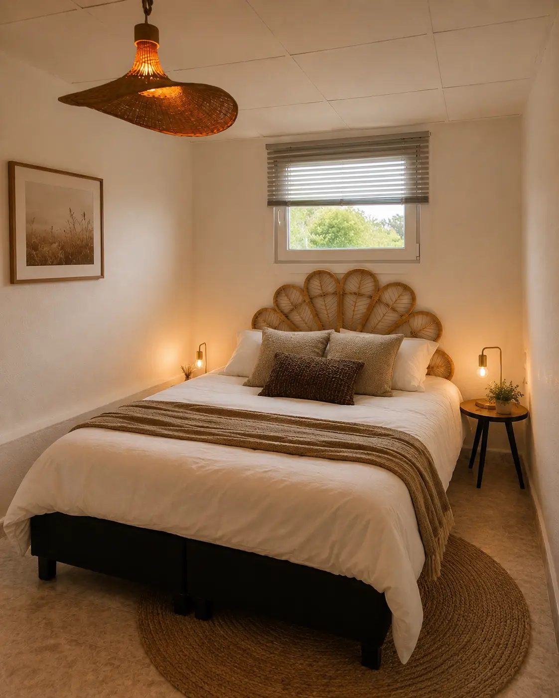 Bedroom with hand-woven rattan headboard at Casita de la Luz