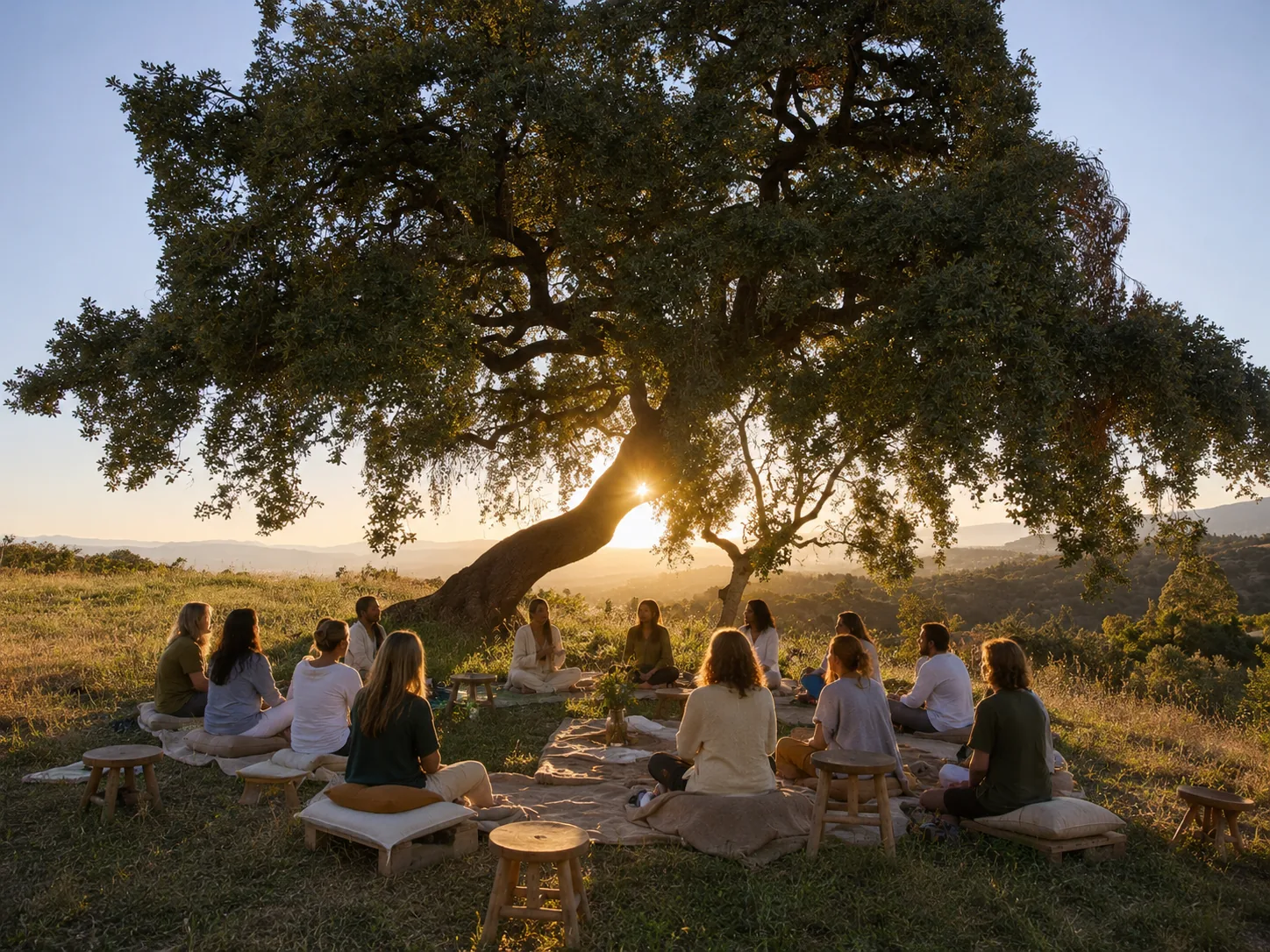 Retreat circle gathered under the old oak tree at sunset at Monte Valeo