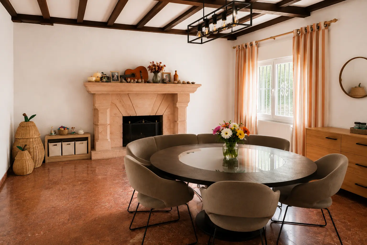Dining room with round table and stone fireplace at Villa Valeo