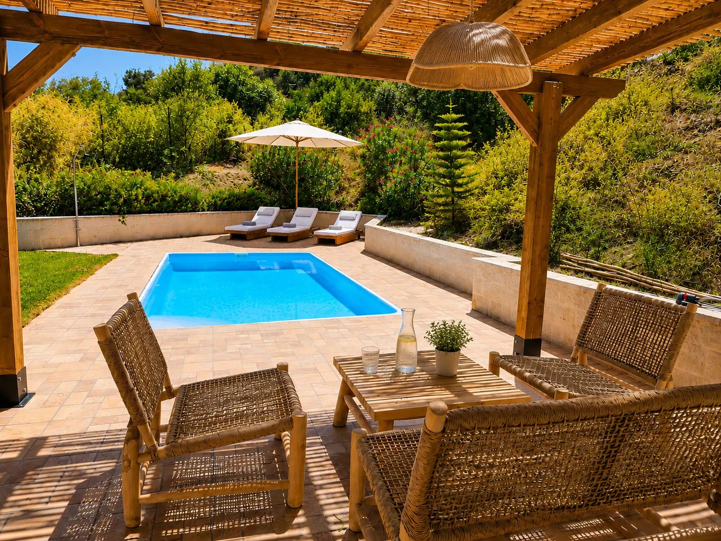 Private pool and shaded pergola lounge at Casa Con Alma