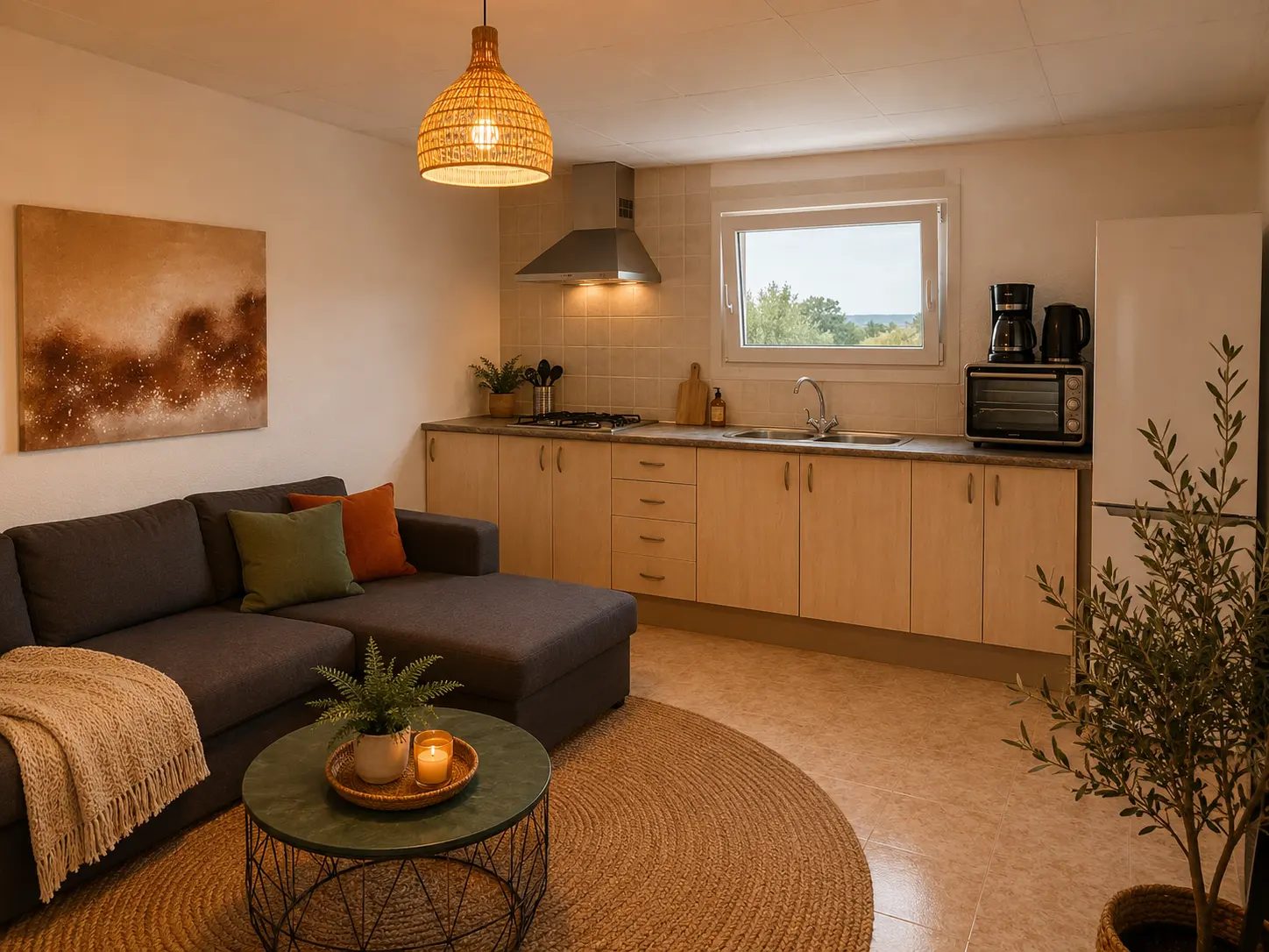 Fully equipped kitchen beside the lounge at Casita de la Luz