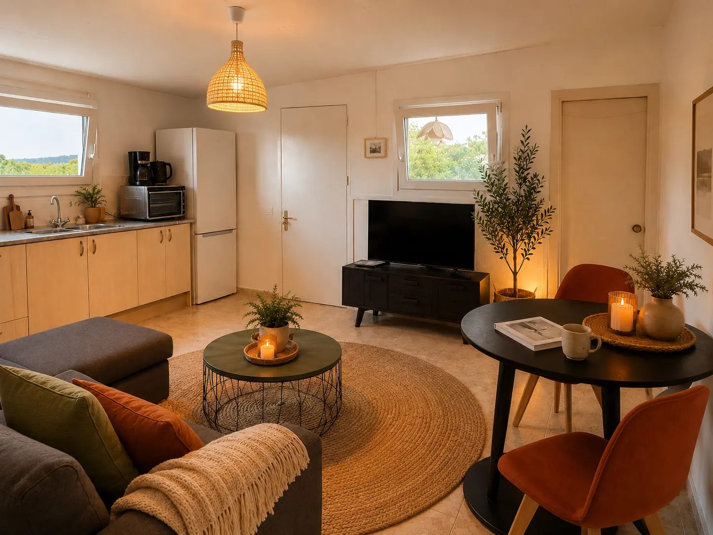 Open living room and kitchen with warm lighting at Casita de la Luz