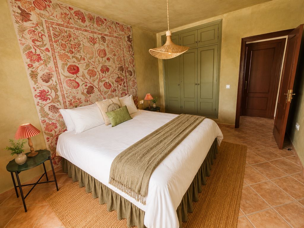 A bedroom at Casa con Alma with hand-painted floral walls