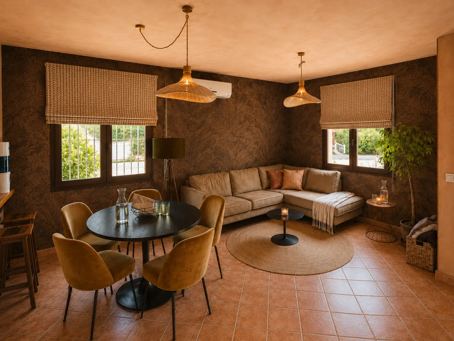 Lounge and dining corner with botanical wallpaper at Casa Con Alma