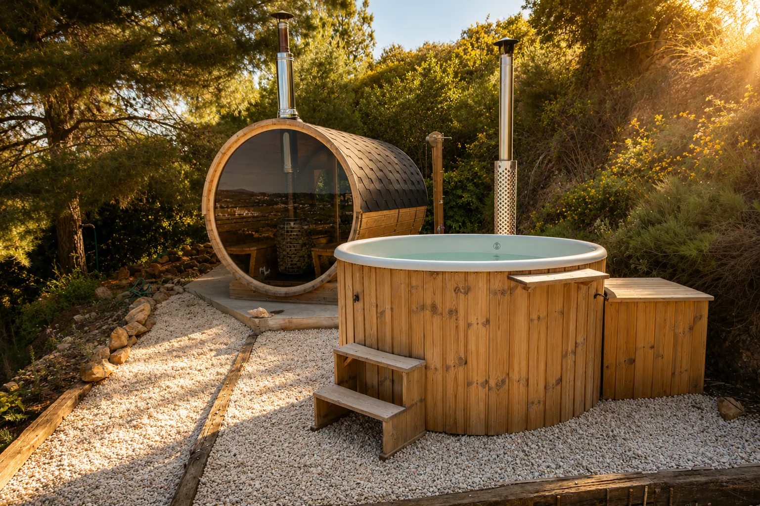 Wood-fired sauna and jacuzzi at Monte Valeo