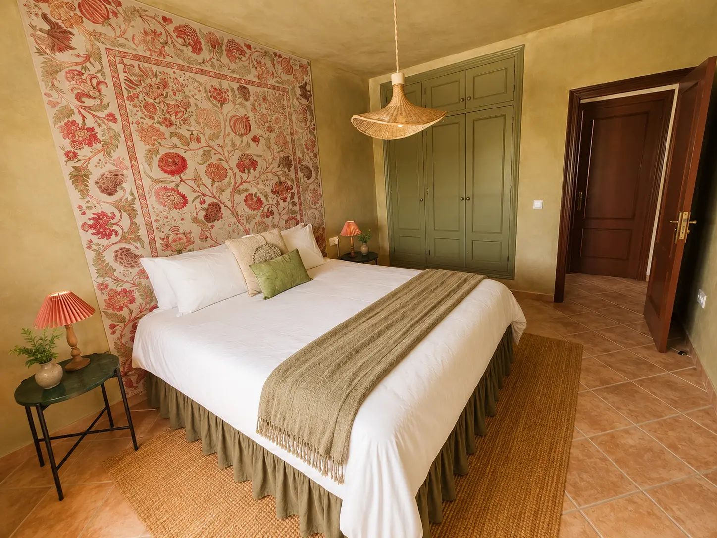Bedroom with hand-painted floral wall and olive-green wardrobes at Casa Con Alma