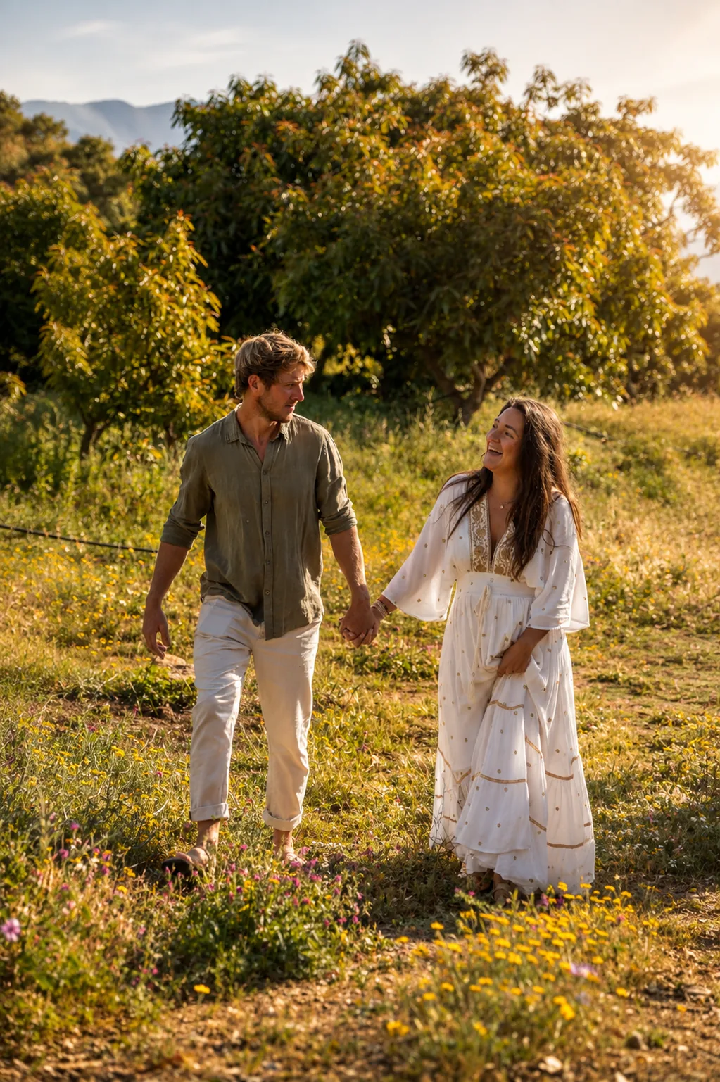 Hayo and Nicole walking hand in hand through the wildflower orchard at sunset