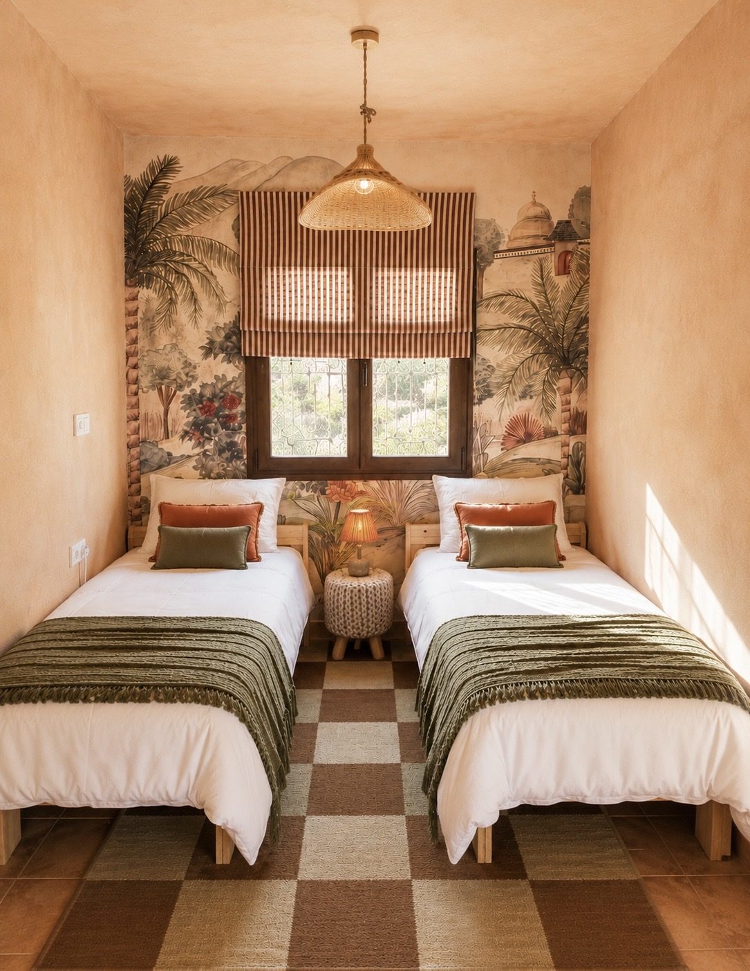 Twin bedroom with a hand-painted palm mural at Casa Con Alma