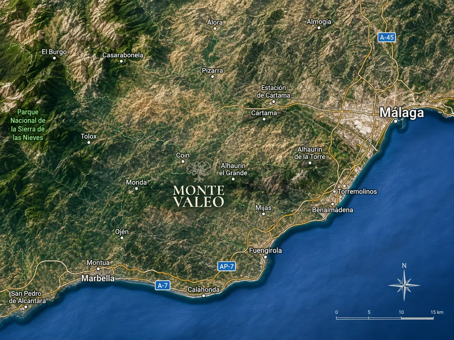 Map showing Monte Valeo located in the hills between Málaga and Marbella, Andalusia