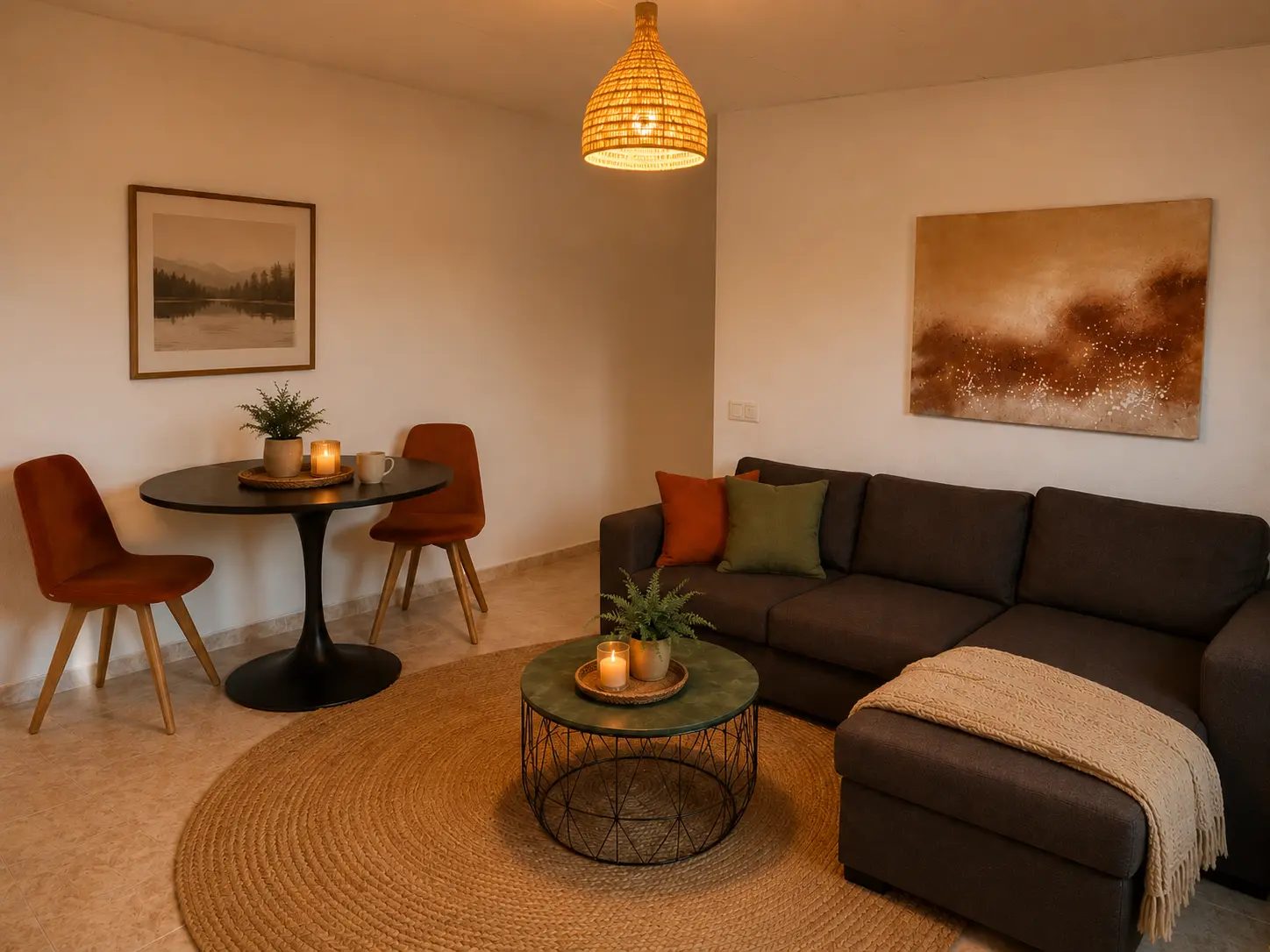 Lounge and dining corner with rattan pendant and earth tones at Casita de la Luz